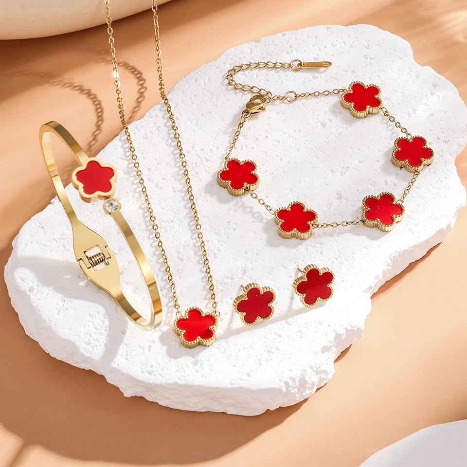 Stainless Steel Luxury Plum Blossom Jewelry Sets