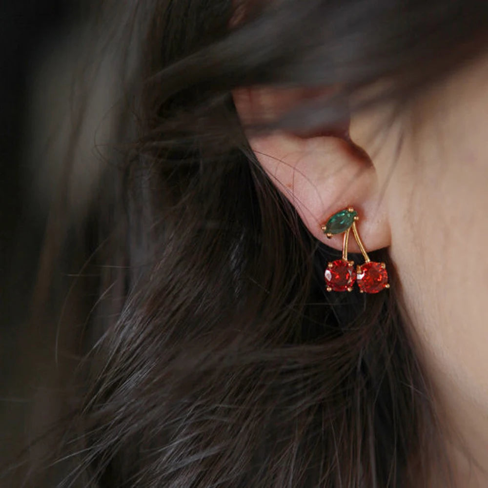 Red Zircon Cherry Leaf Stud Earrings