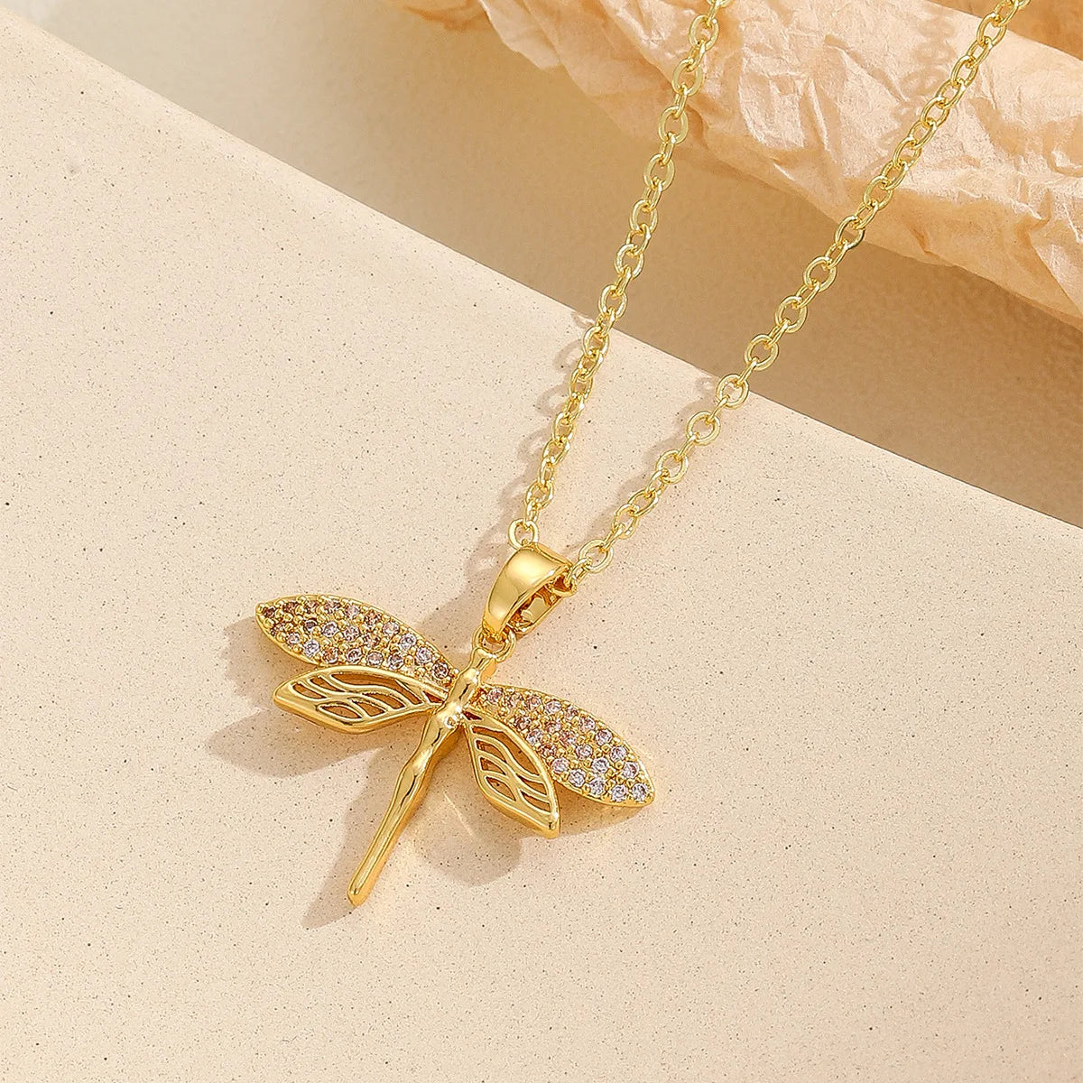 Stainless Steel Gold Color Dragonfly Wings Necklaces For Women