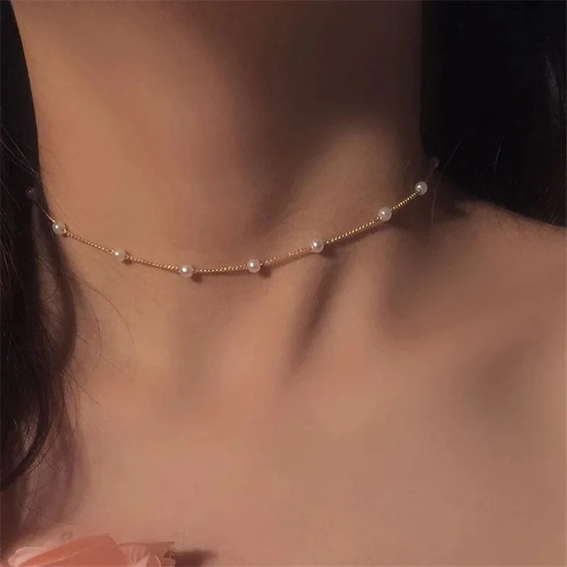 Gold Color New Beads Pearl Choker Necklace
