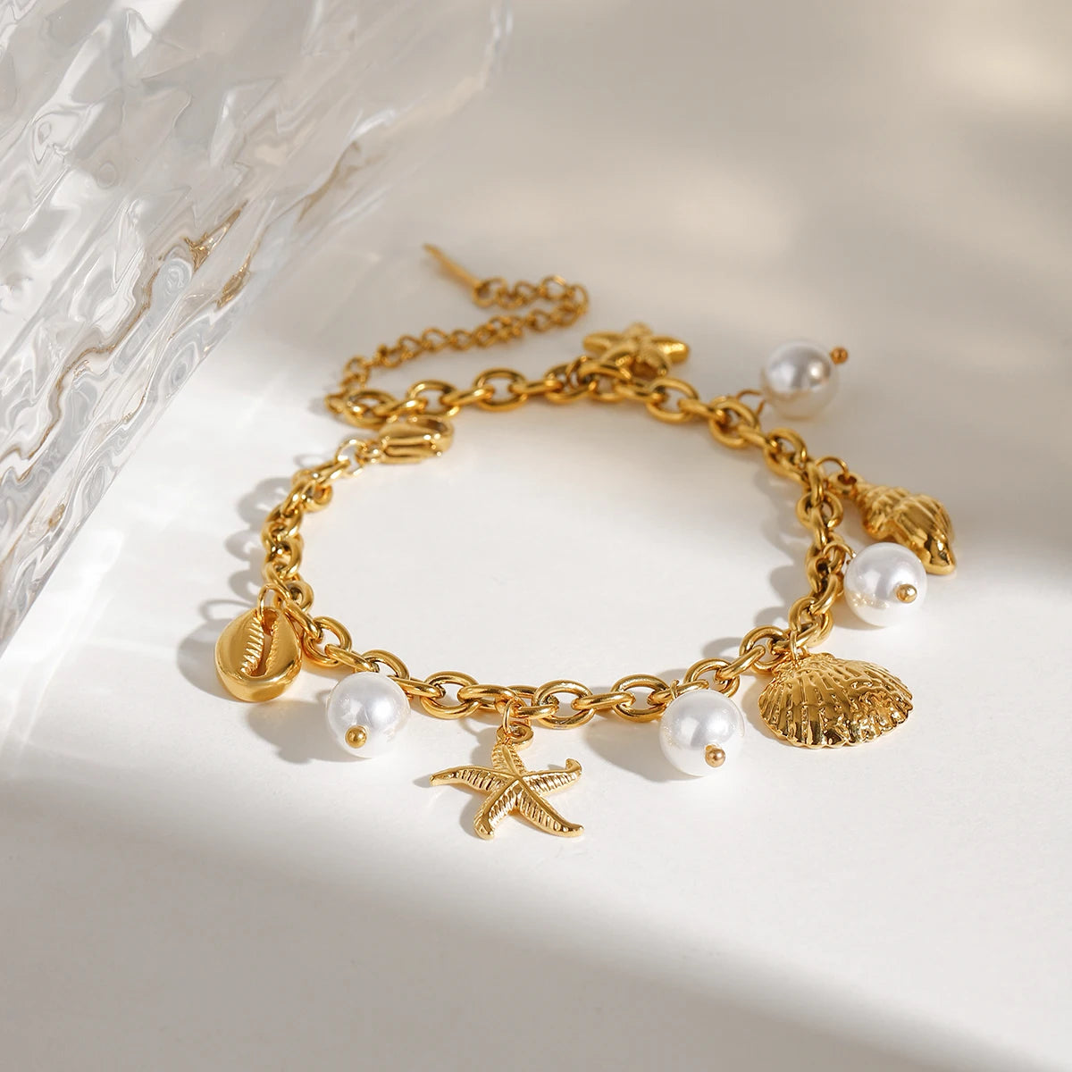 18K Gold PVD Plated Stainless Steel Pearl Shell Starfish Charm Bracelet