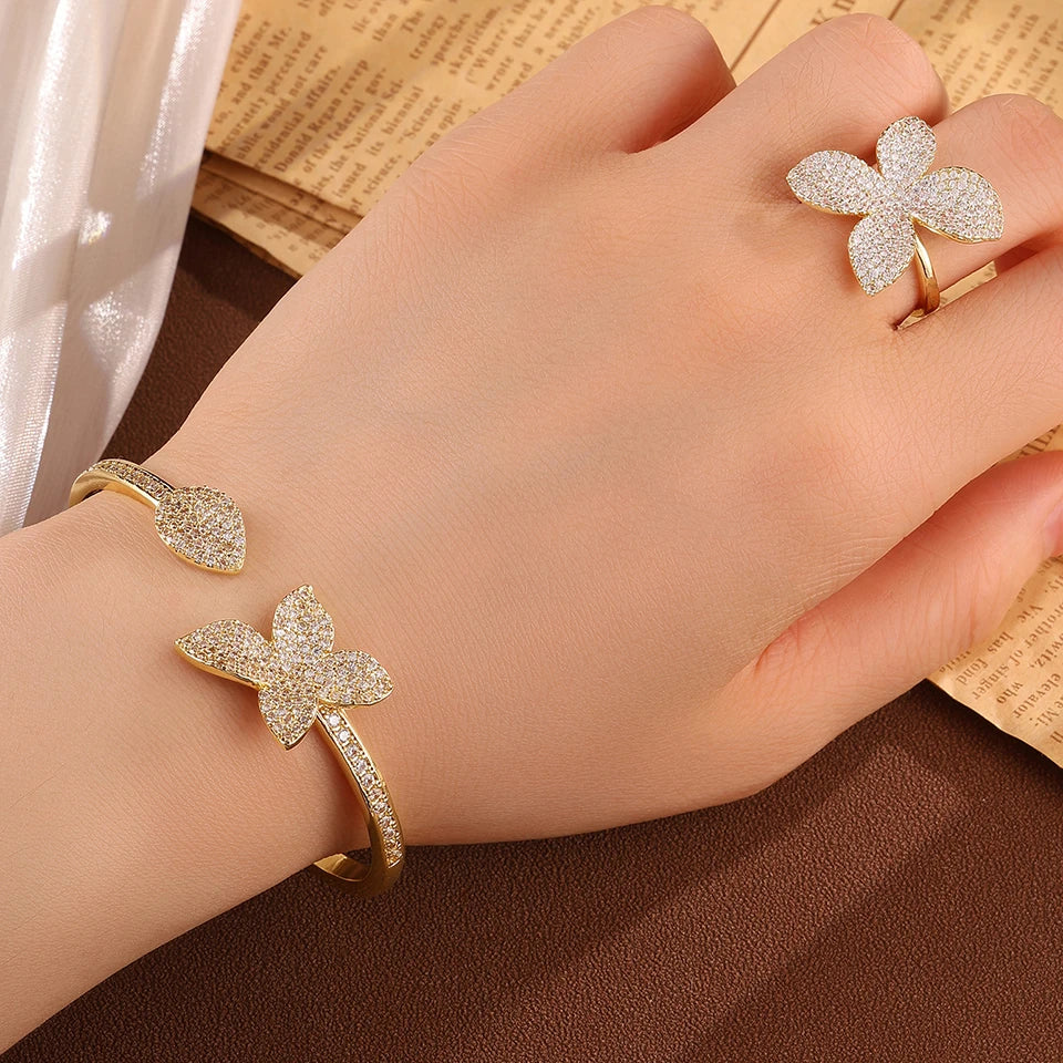 Luxury Silver Color Flower Leaf Adjustable Jewelry Set