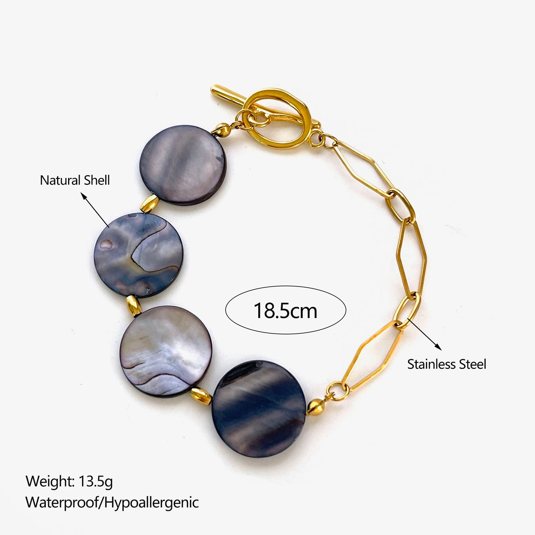 Stainless Steel Grey Round Natural Shell Bracelet Necklace Jewelry Set