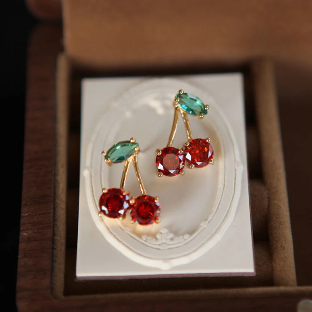 Red Zircon Cherry Leaf Stud Earrings