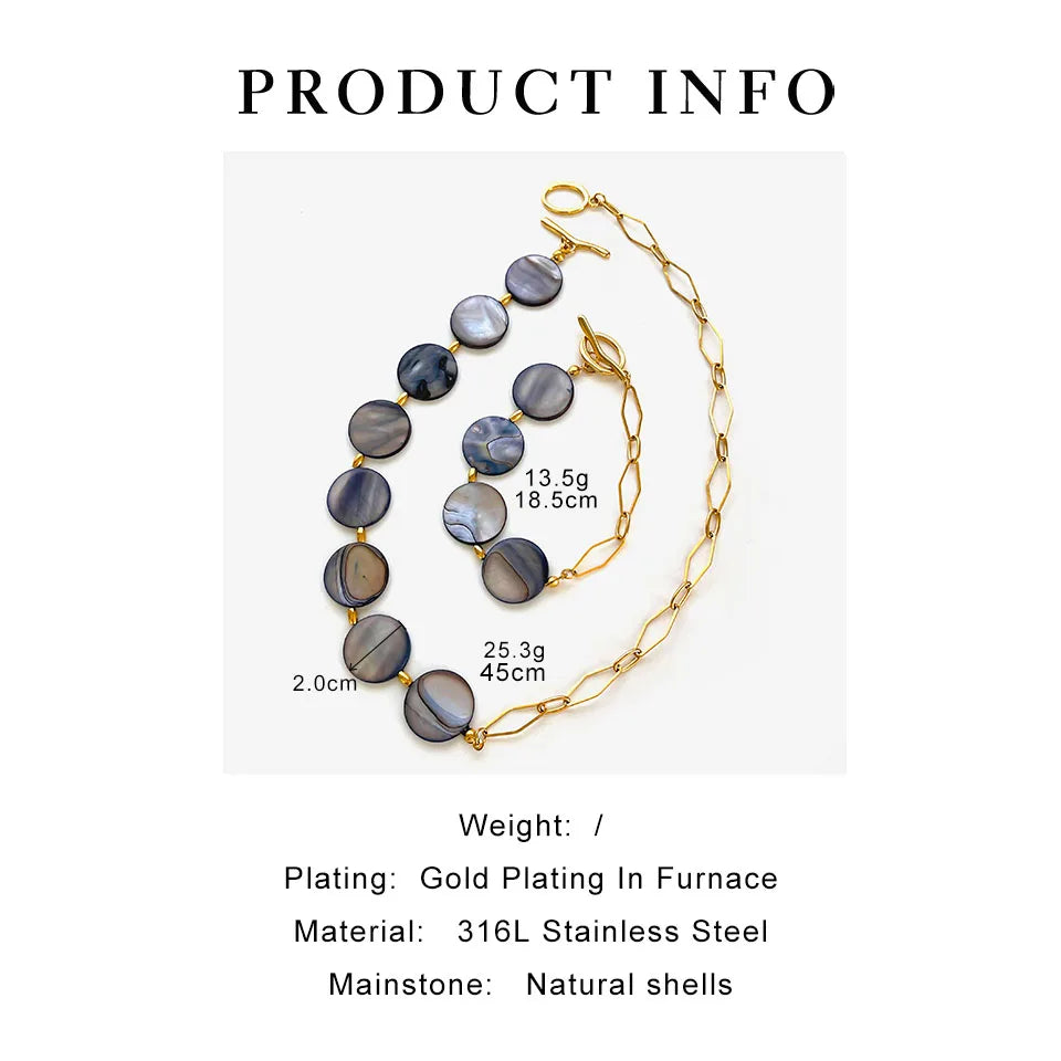 Stainless Steel Grey Round Natural Shell Bracelet Necklace Jewelry Set