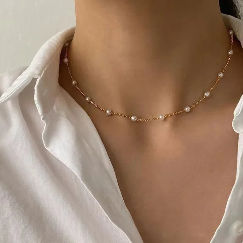 Gold Color New Beads Pearl Choker Necklace
