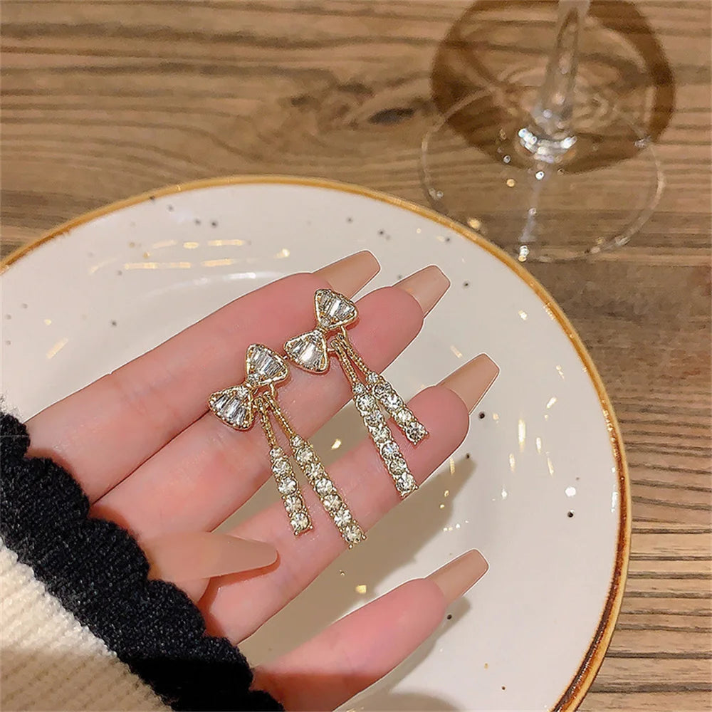 Fashion Zircon Bow Earrings Acrylic Crystal Tassel Earrings