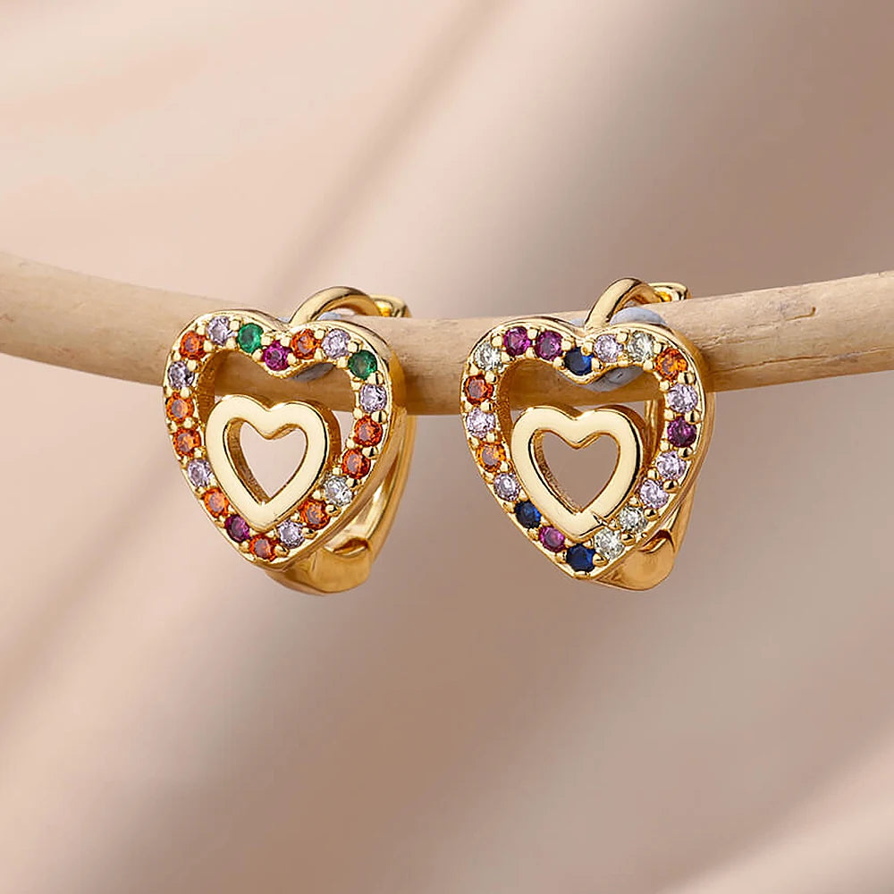Stainless Steel Gold Silver Color Zircon Heart Earrings