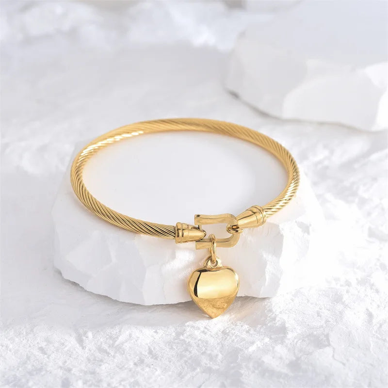 18k Gold Stainless Steel Heart Pendant Charm Bangle Bracelets