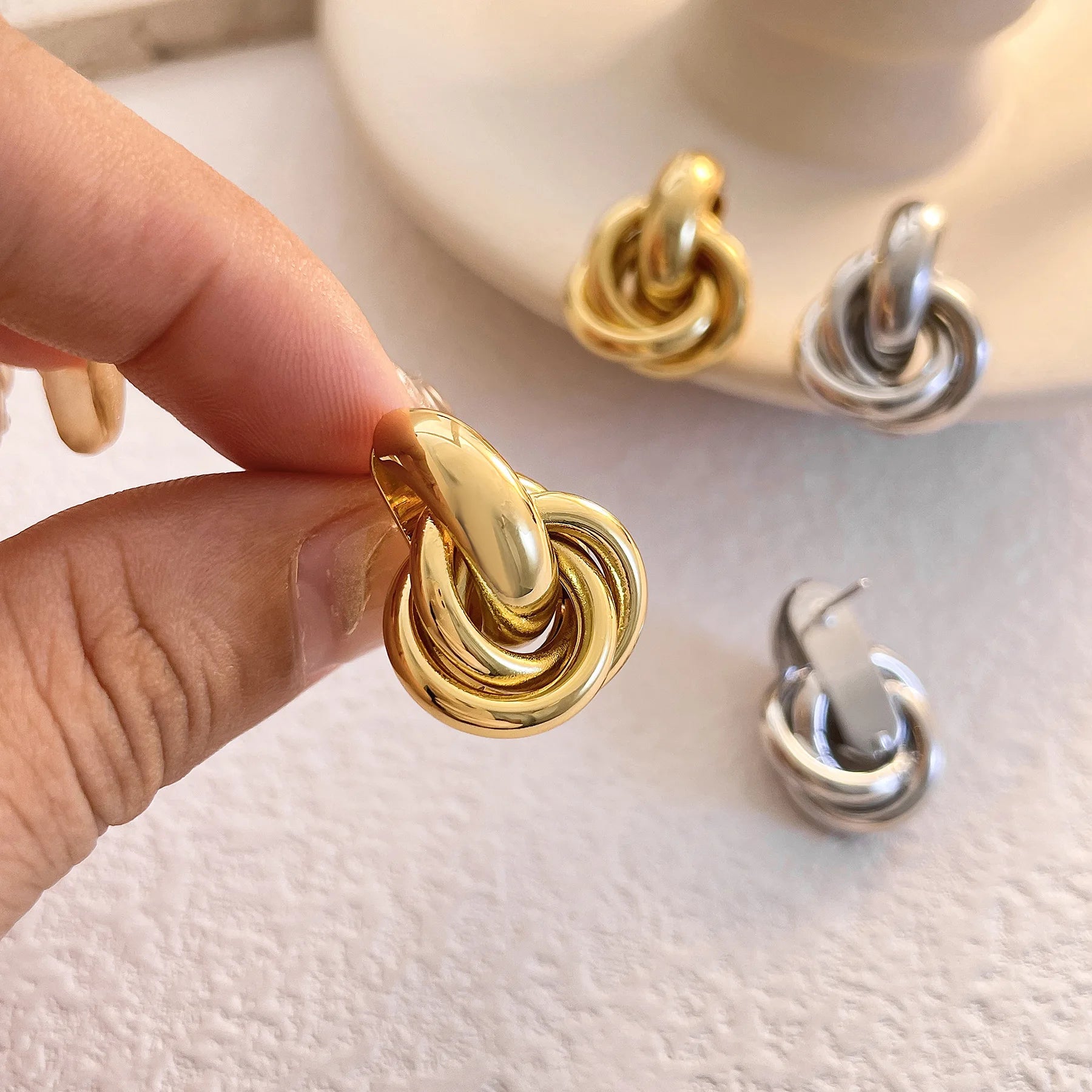 Gold Silver Retro Stud Fashion Round Double Ring Earrings