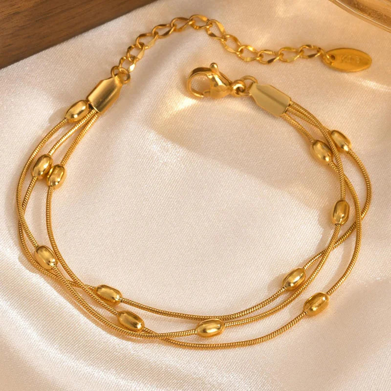 Multilayer Round Beaded Gold Plated Adjustable Snake Chain & Link Bracelets