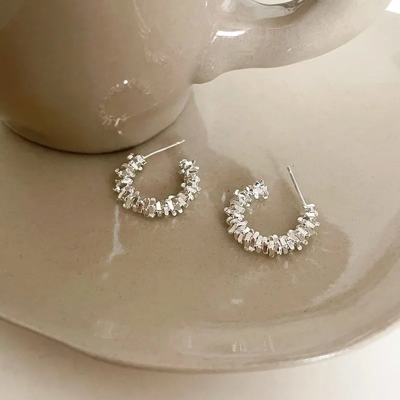 Sparkling Silver Color Irregular Metal C-shaped Earrings