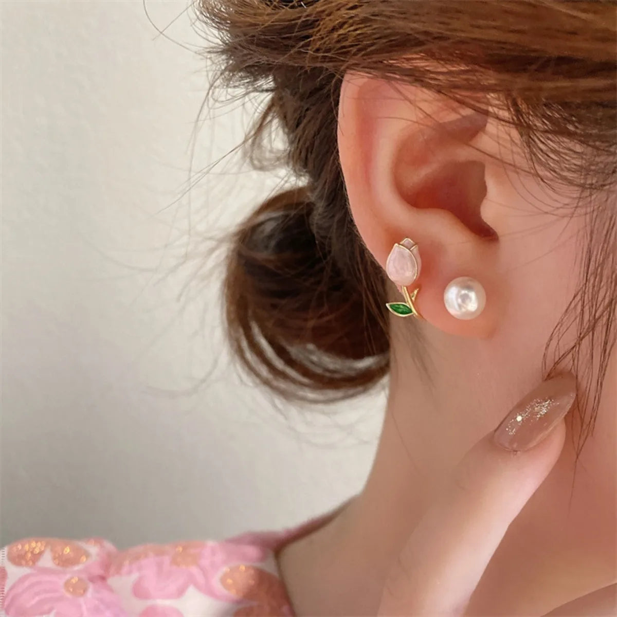 French Tulip Flower Pearl Stud Earrings  Pearl Earrings