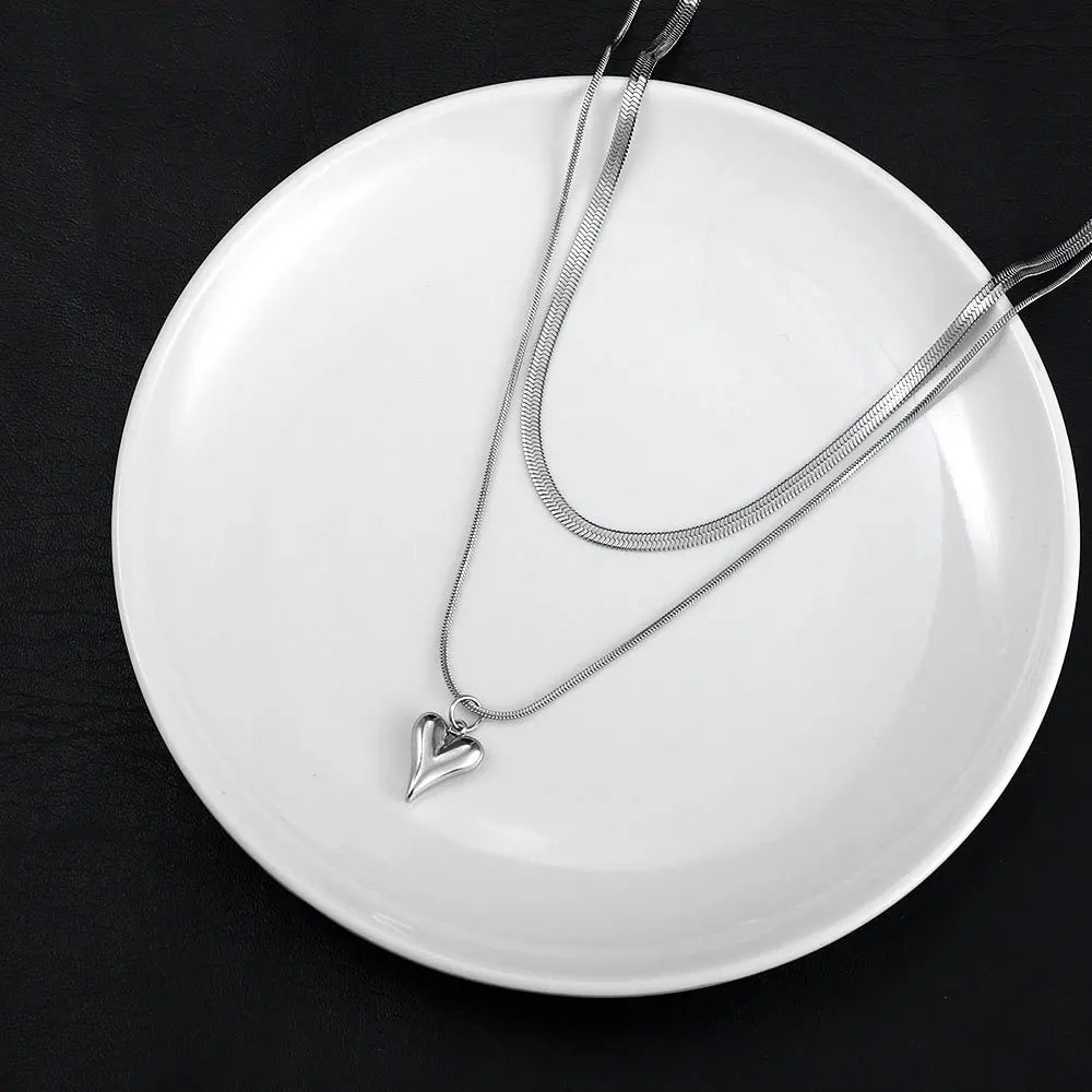 Stainless Steel Heart Pendant Double-layer Necklace Jewelery Set