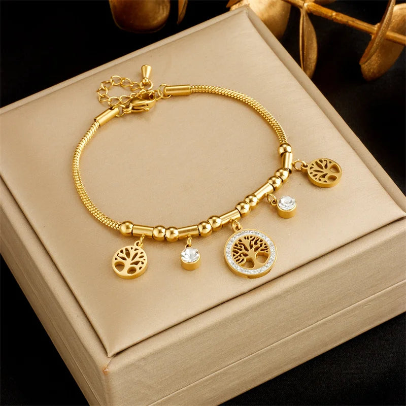 Elegant Gold Color Stainless Steel Tree of Life Charms Bracelet w/ Shiny Zircon Stone