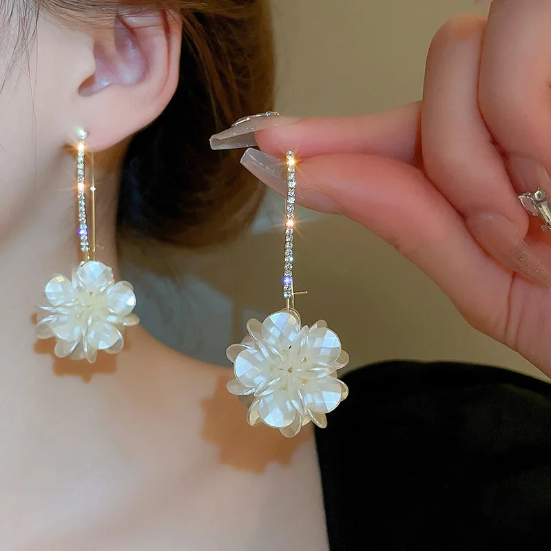 Korean Exquisite Rhinestone Long White Flower Pearl Drop Earrings