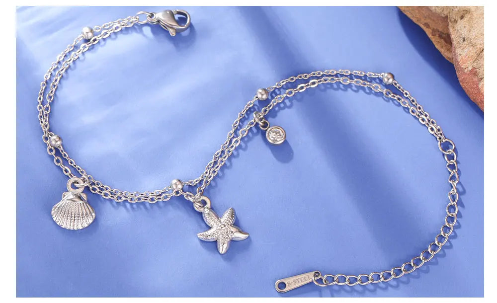 Stainless Steel Starfish Seashell Charms Bracelet
