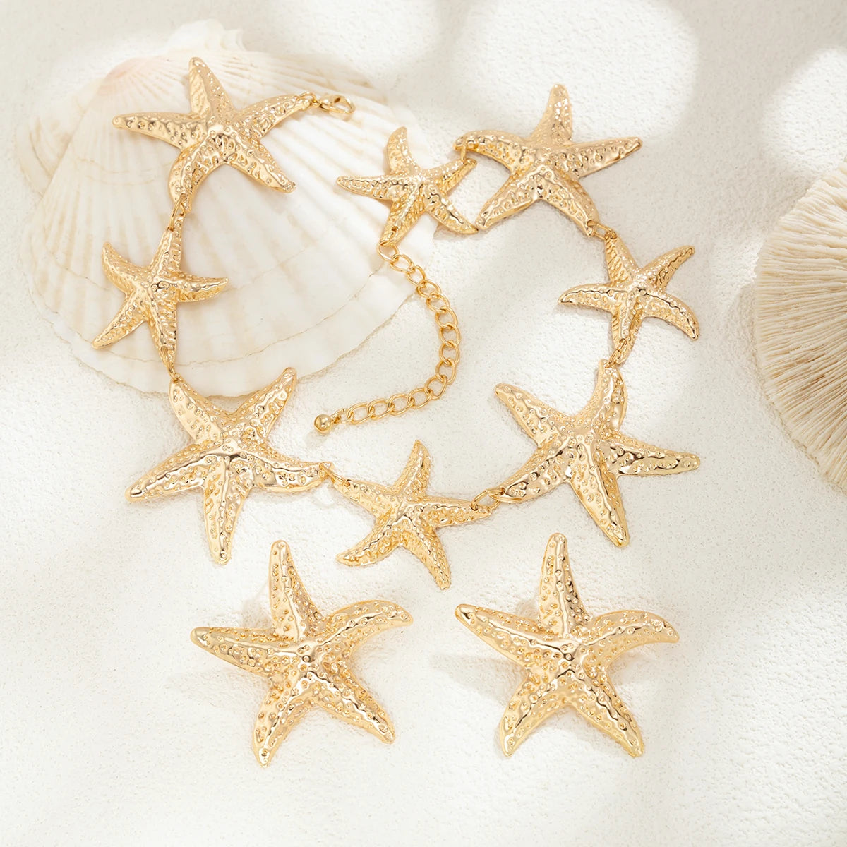 Vintage Large Metal Starfish Choker Necklace Drop Earrings Jewelry Set