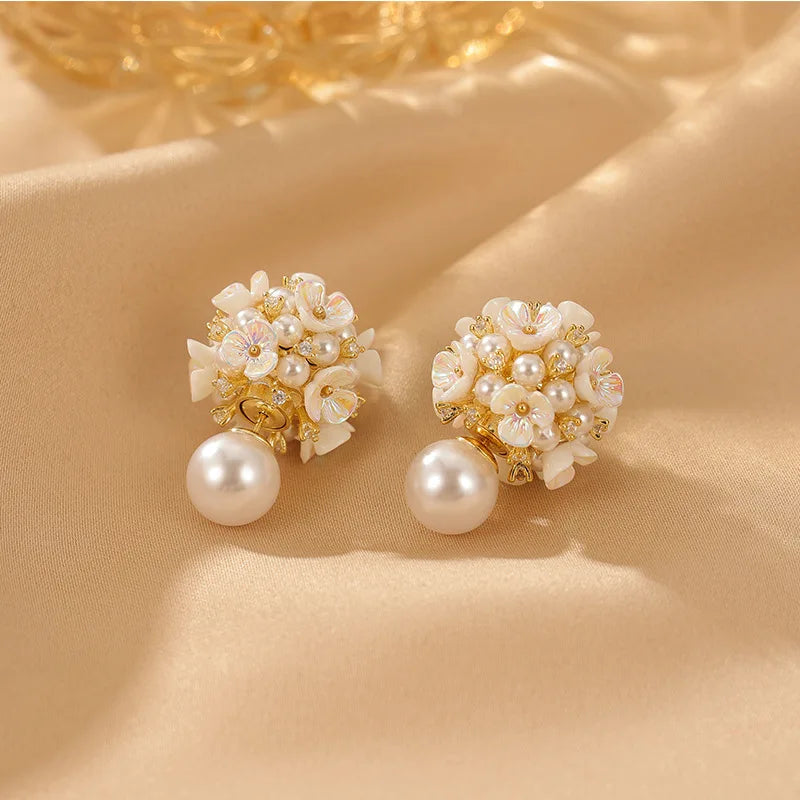 Elegant Double Side White Shell Pearl Stud Earrings
