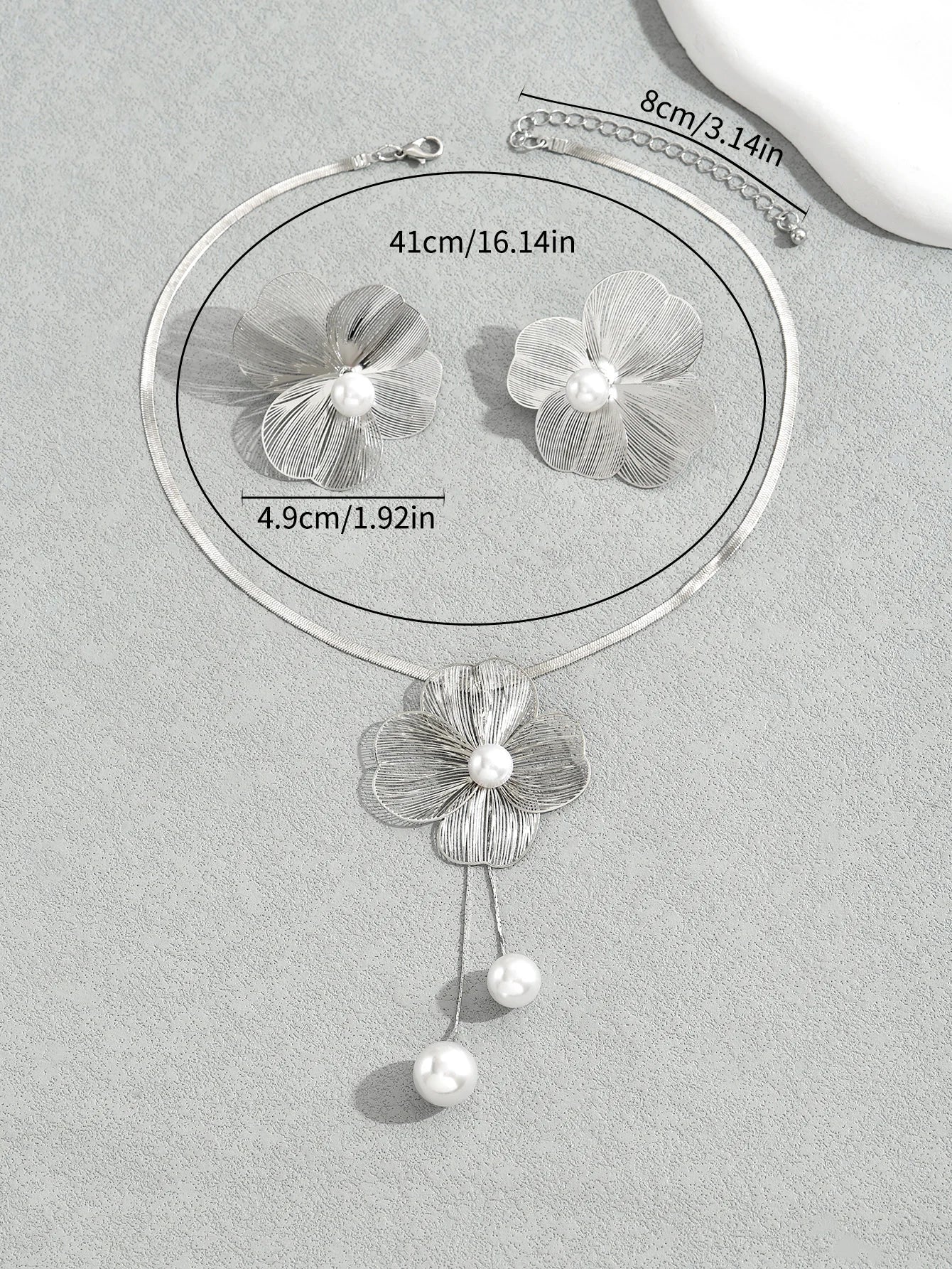 Gold Color Hallowout Stamping Big Flower Pearl Necklace Earrings Set