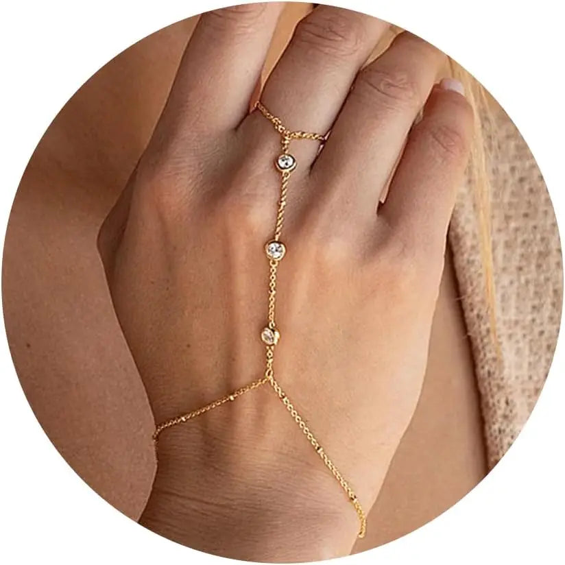 14k Gold Plated Zircon Hand Chain Ring Bracelet