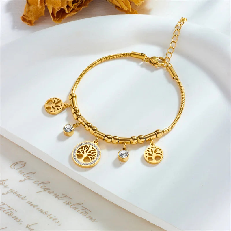 Elegant Gold Color Stainless Steel Tree of Life Charms Bracelet w/ Shiny Zircon Stone