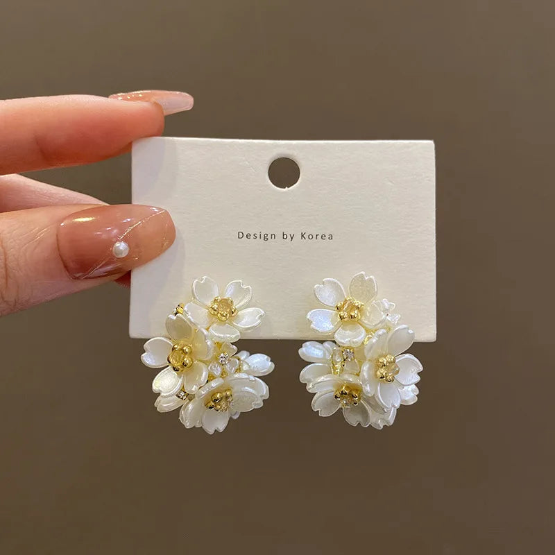 Korean Exquisite Rhinestone Long White Flower Pearl Drop Earrings
