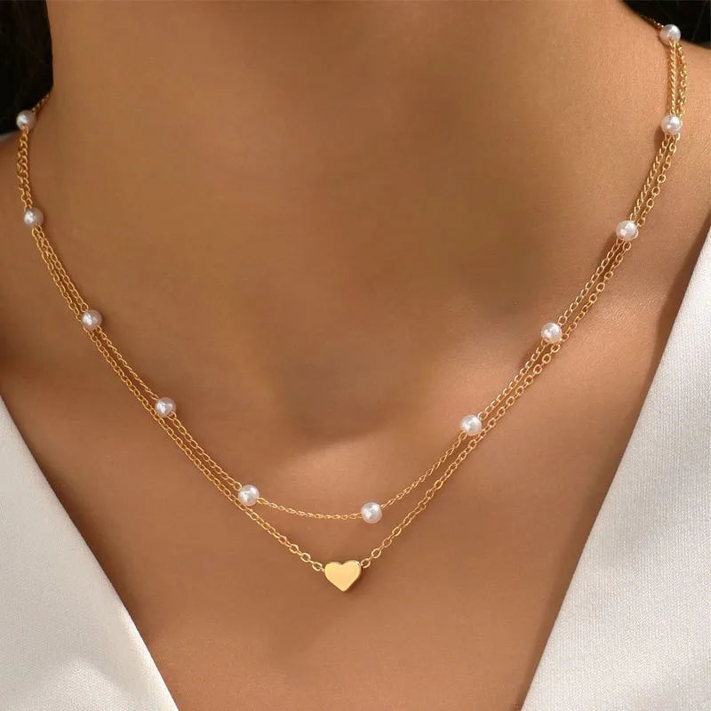 14K Gold Pearl Heart Pendant Necklace Set