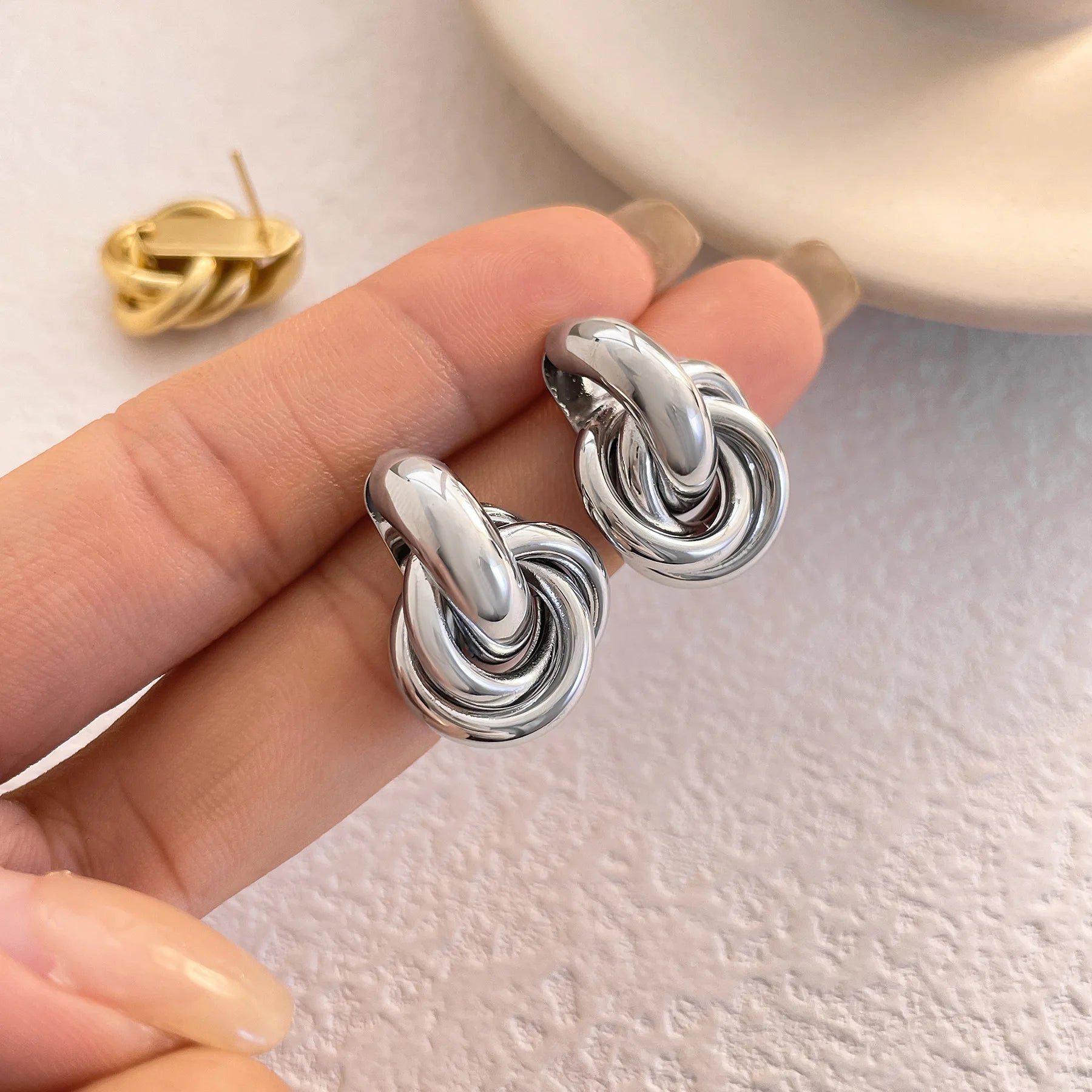 Gold Silver Retro Stud Fashion Round Double Ring Earrings