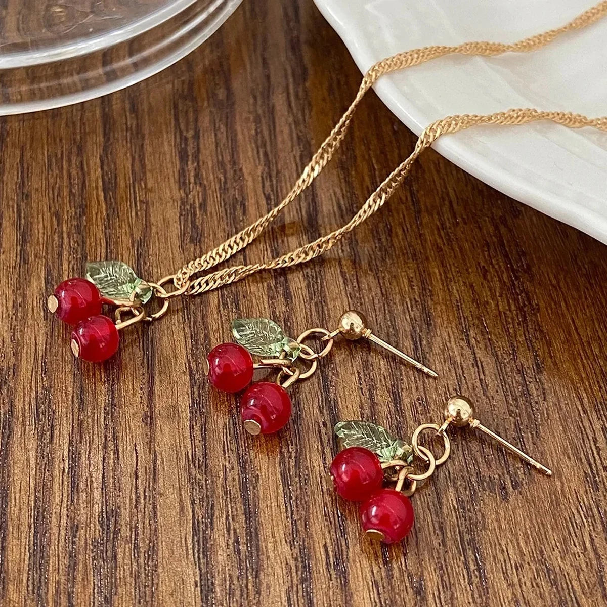 Gold Color Chic Red Cherry Necklace Dangle Earrings Jewelery Set