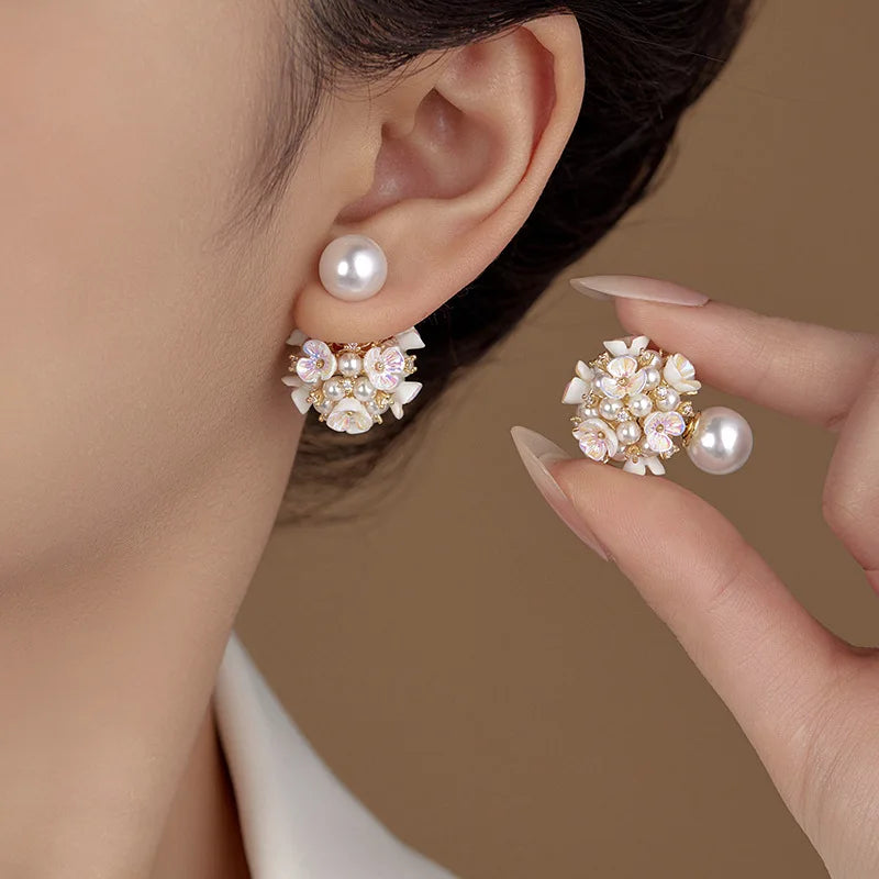 Elegant Double Side White Shell Pearl Stud Earrings