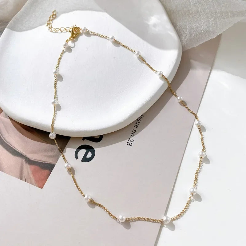 Gold Color New Beads Pearl Choker Necklace