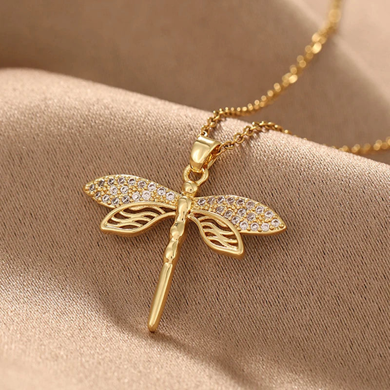 Stainless Steel Gold Color Dragonfly Wings Necklaces For Women