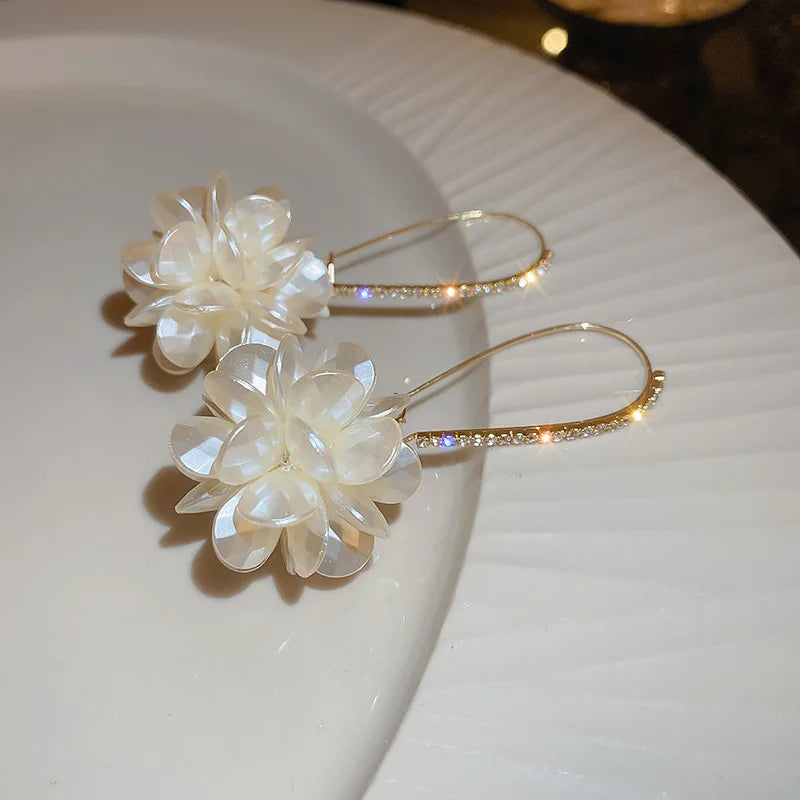 Korean Exquisite Rhinestone Long White Flower Pearl Drop Earrings