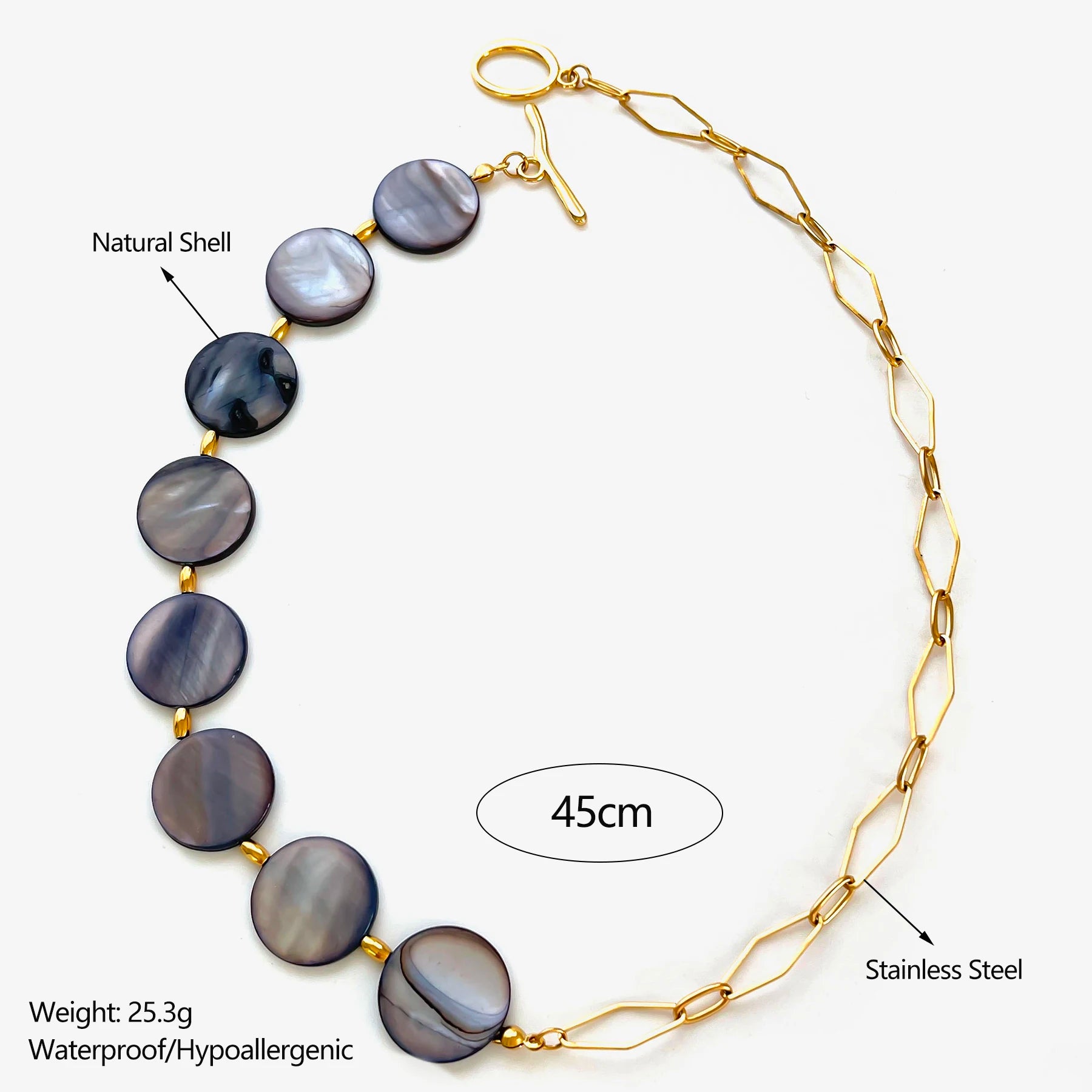 Stainless Steel Grey Round Natural Shell Bracelet Necklace Jewelry Set