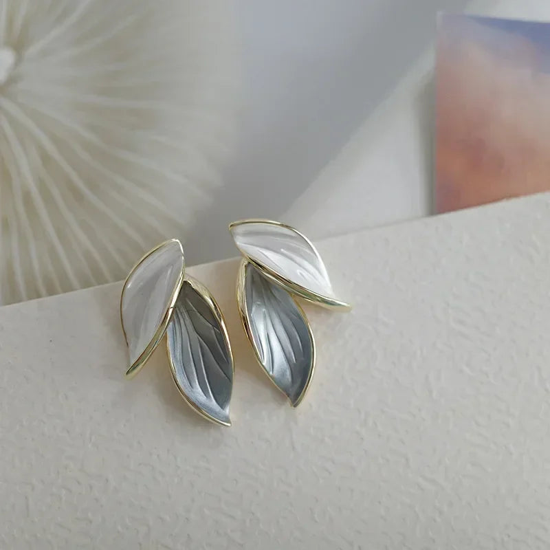 Korean Trendy Fresh Lovely Sweet Grey Leaf Stud Earrings
