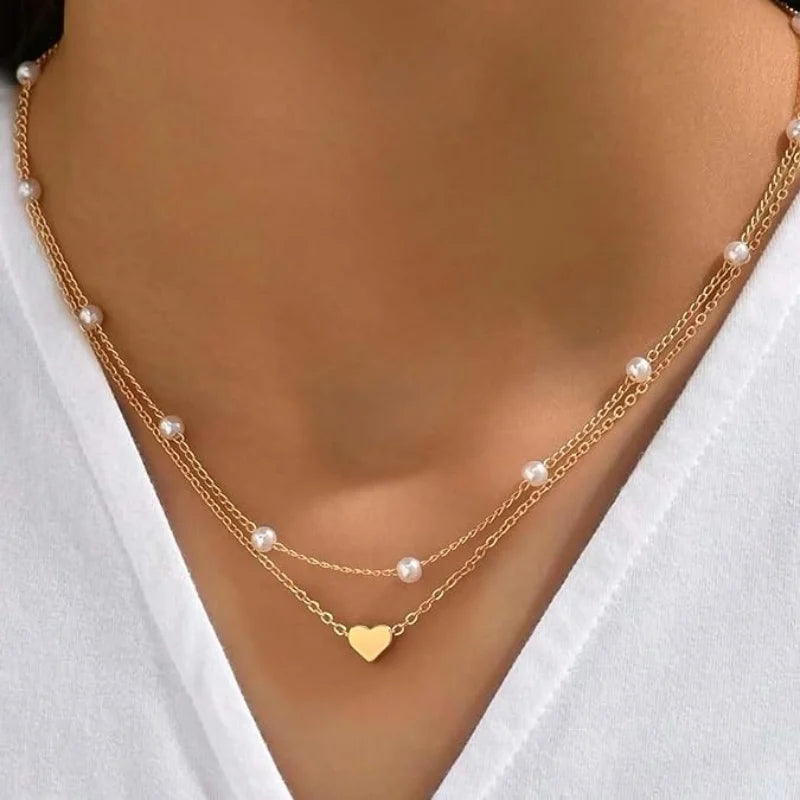 14K Gold Plated Heart Pearl Pendant Jewelery Sets
