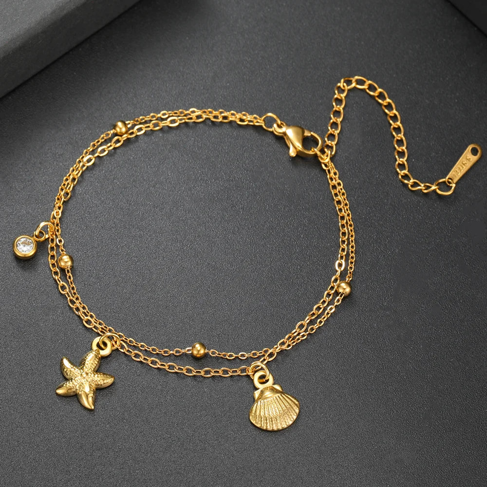 Stainless Steel Starfish Seashell Charms Bracelet