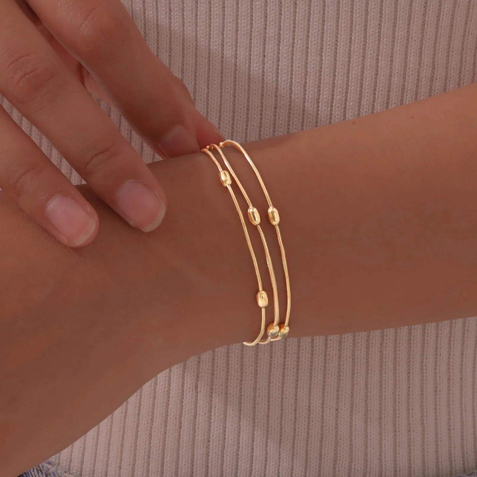 Multilayer Round Beaded Gold Plated Adjustable Snake Chain & Link Bracelets