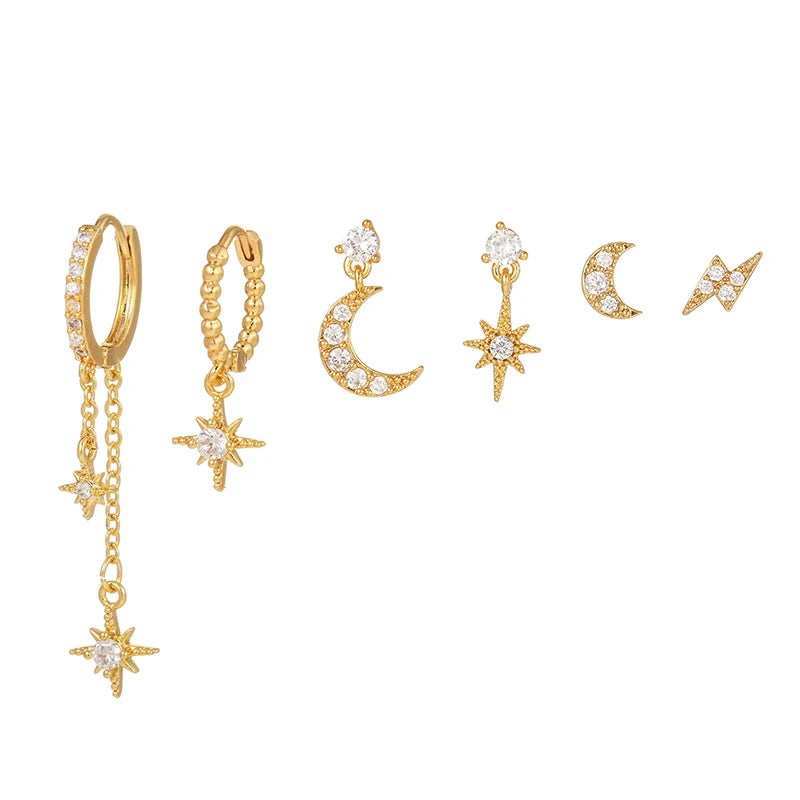 Gold Plated Cubic Zirconia Star Moon Dangle Earrings Set