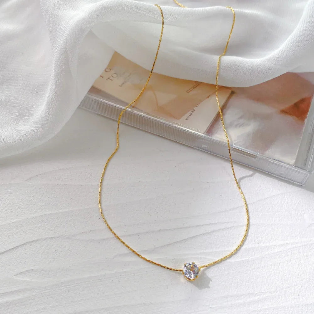 Stainless Steel Gold Zircon Charm Necklace