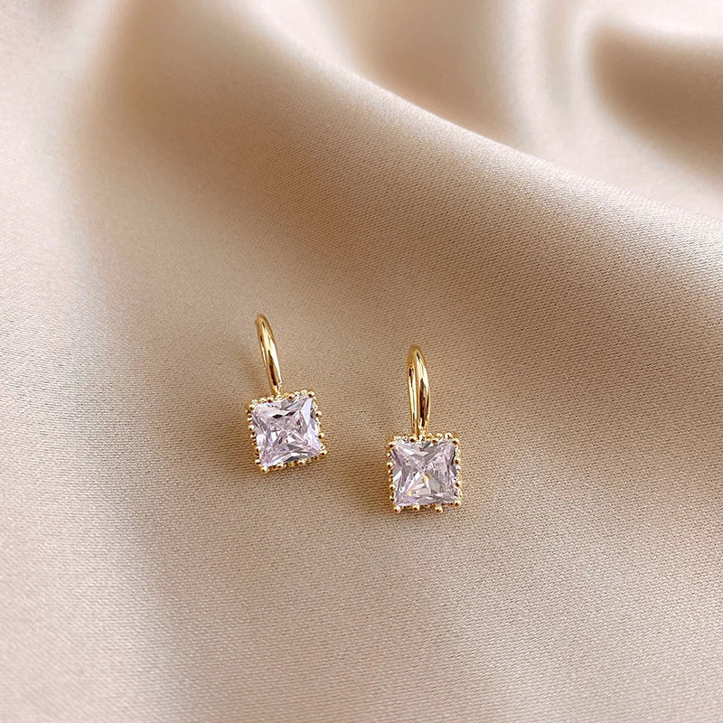 Square Crystal Stone in Gold Plated Hook Earrings