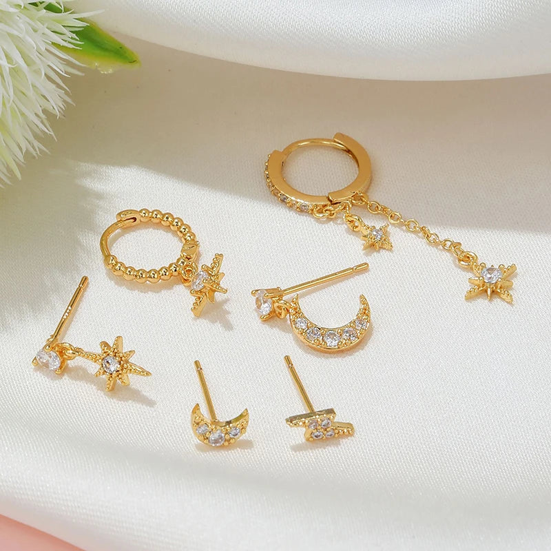Gold Plated Cubic Zirconia Star Moon Dangle Earrings Set