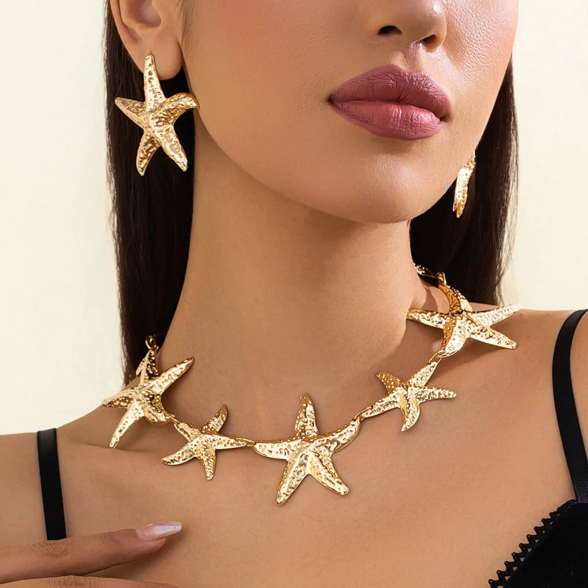 Vintage Large Metal Starfish Choker Necklace Drop Earrings Jewelry Set