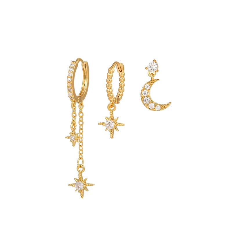 Gold Plated Cubic Zirconia Star Moon Dangle Earrings Set