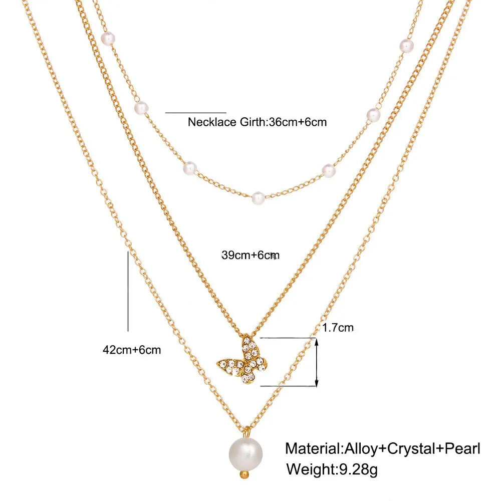 Retro Multilayer Butterfly Pendant Artificial Pearl Clavicle Chain Necklace