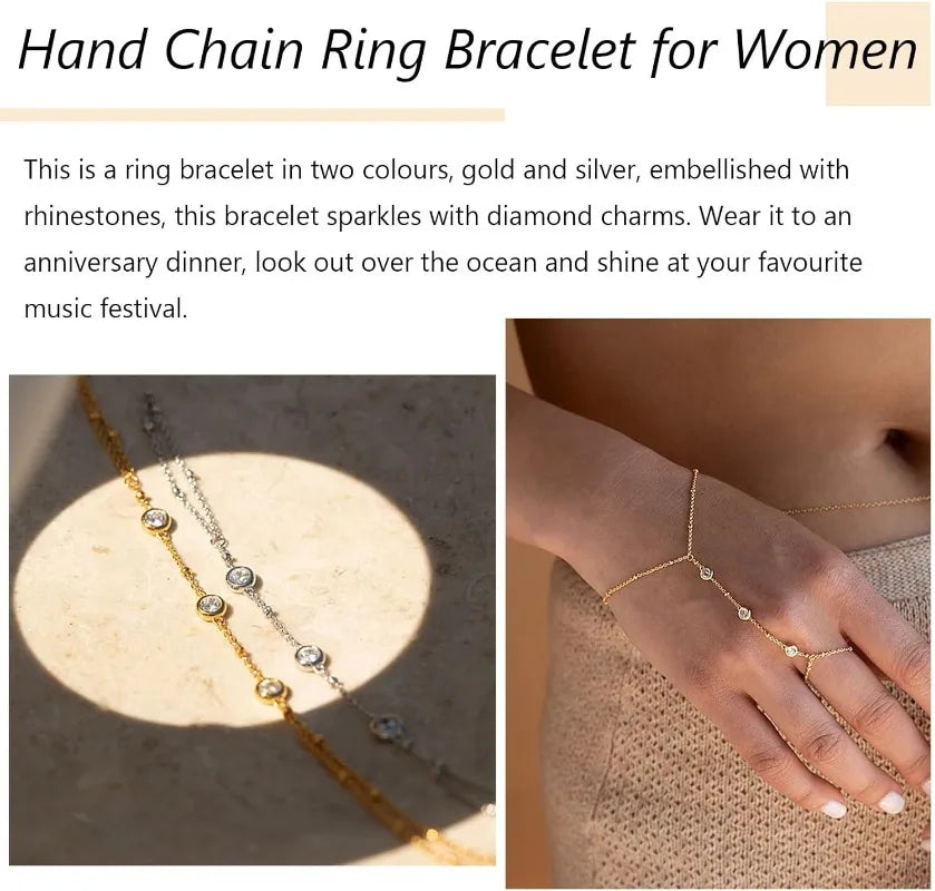 14k Gold Plated Zircon Hand Chain Ring Bracelet