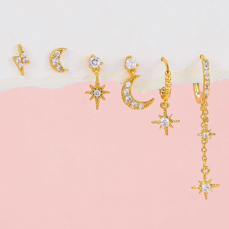 Gold Plated Cubic Zirconia Star Moon Dangle Earrings Set