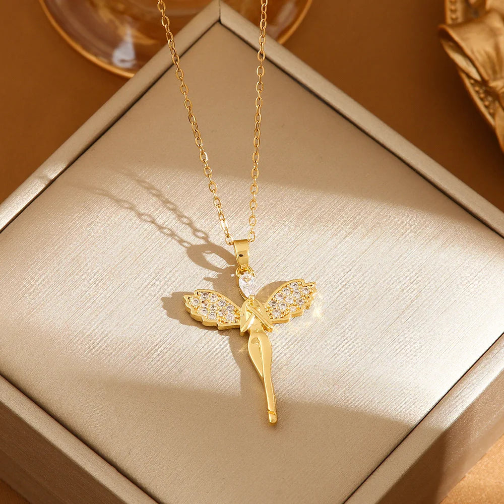 Stainless Steel Gold Color Dragonfly Wings Necklaces For Women