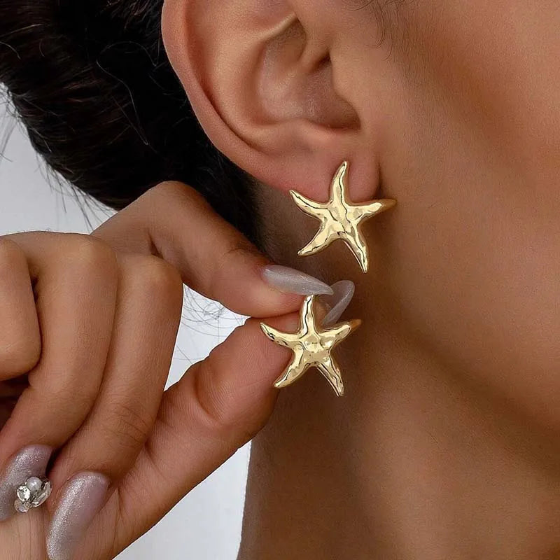 Gold Color Metal Starfish Stud Earrings